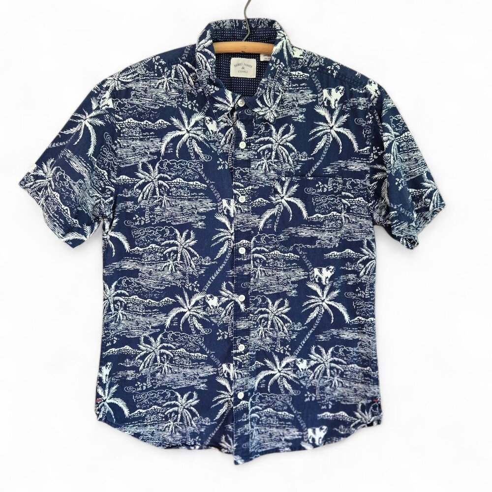 Rebel James & Charli Mens Hawaiian Button-Up Shirt Navy Palm Tree Print Size M C